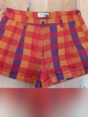 Handmade Vibrant Plaid High-Waist Shorts in Red, Orange & Purple Size M
